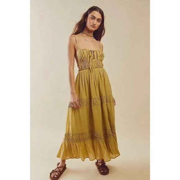 free people gold long dress Free People Yellow Lace Gauze Maxi Dress Set with Bralette and Side Gr –  The Thrifty Hippy